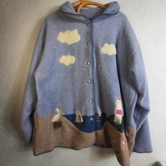 Retro 90s Coastal Grandma Lighthouse Fleece Jacket Nautical XL North Reflections - Picture 1 of 8